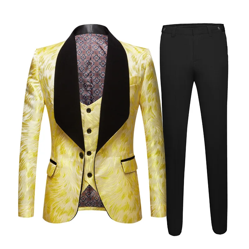 Luxury Printing Men Suit Black Patchwork One Button Wedding Party Banquet Jacket Set Singer Male 3 Piece Set (Blazer+Pants+Vest)