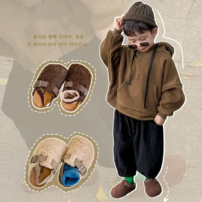 Children's Fleece Elastic Clogs Baby Boys Girls Plush Slipper Toddler Prewalker Footwear Winter Warm Soft Sole Shoes 2