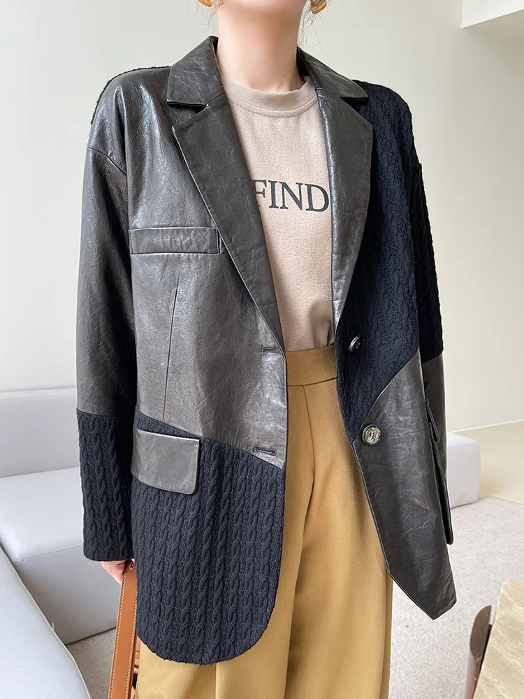 

Wool Knitted Stitching Natural Sheepskin Blazers Women Spring 2023 New Fashion High-end Genuine Leather Jacket Coats Veste Femme