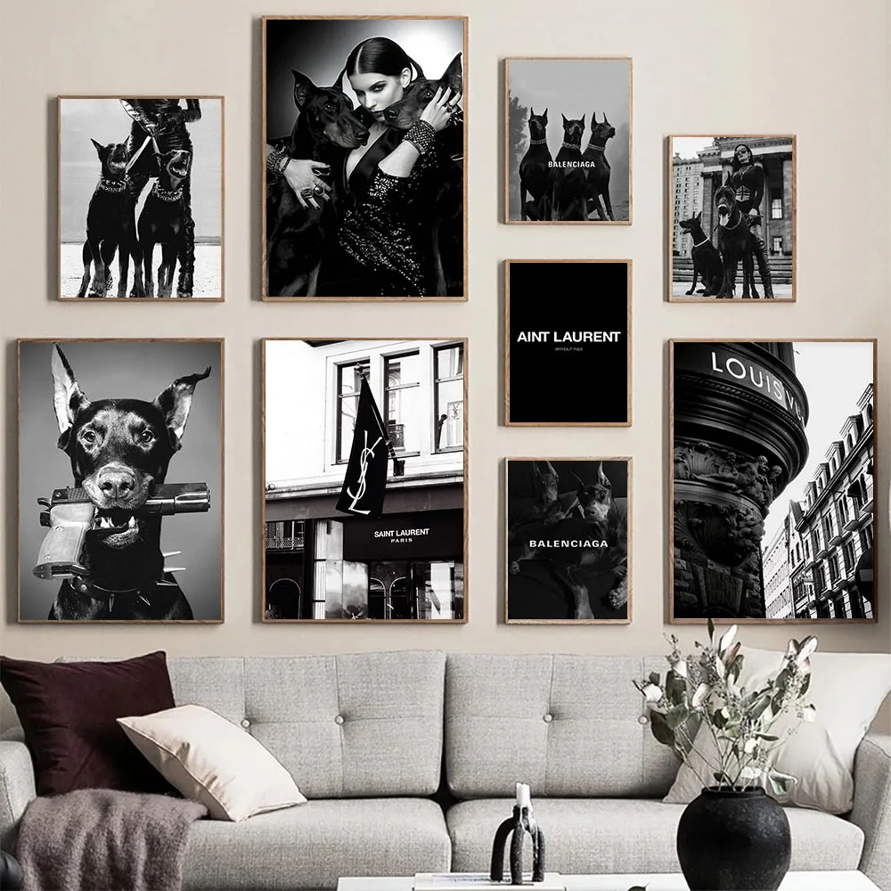 Fashion Black and White Lady with Dog Pictures Paris Luxury Brand Posters  Nordic Wall Art Canvas Painting for Living Room Decor