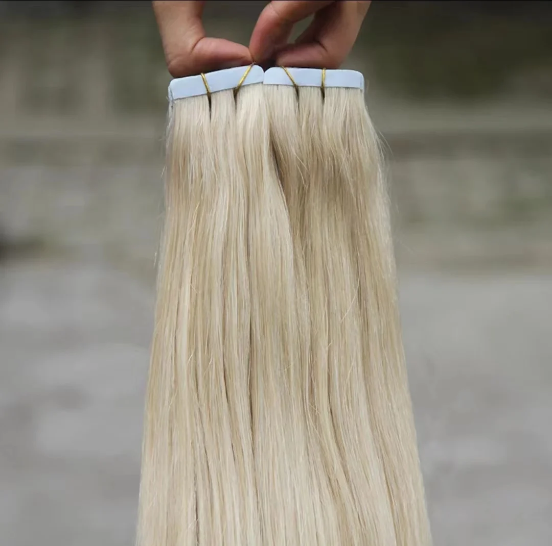 #60 Straight Tape in Human Hair Extensions Remy Human Hair Light Platinum White blonde Seamless PU Skin Weft 100% Real Virgin human hair extension