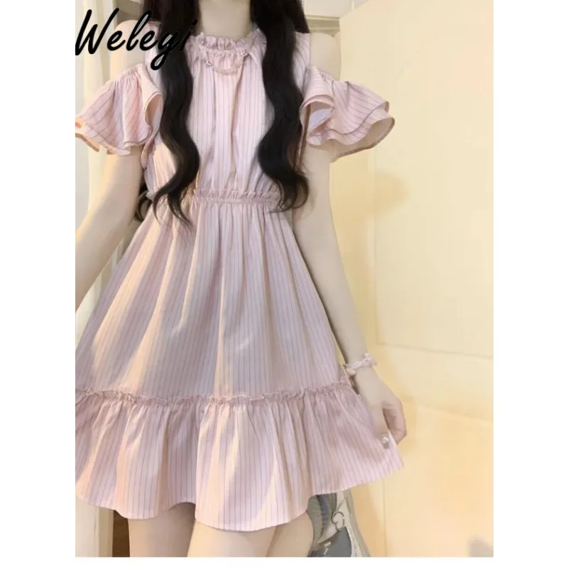 

Pink Striped Princess Dresses Women's 2024 Summer Sweet Ruffled Stand Collar Small Flying Sleeve Chiffon A Line Elegant Sukienki