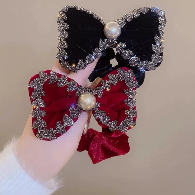 1pc Velvet Rhinestone Bow Scrunchie New Vintage Elastic Hair Bands Ponytail Holder Rubber Band Women Hair Rope Hair Accessories
