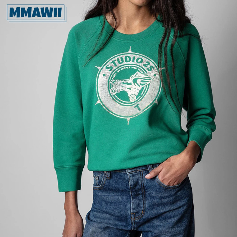 

MMAWII Classic Letter Print with Diamond O-Neck Women Sweatshirts 2023 Autumn Casual Cotton Fashion Female Streetwear Tops