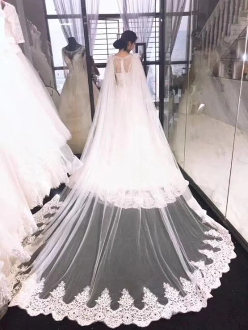 One Layer Lace Bridal Cape Cathedral Shoulder Veil Wedding Cloak " V" Split in White, Off-White ,Ivory