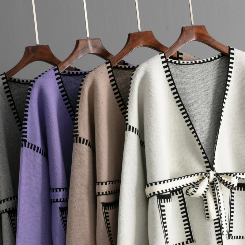 Knit Contrast Cardigan Sweater For Women Lace-Up Pocket Long Sleeve Patchwork Loose Coat Autumn Knitwear Women's Outwear