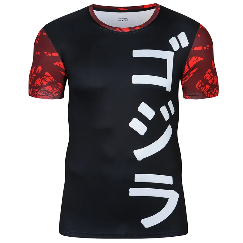 Hochwertiges schwarzes Kompressionsshirt für Herren, auffälliges rotes und weißes Design für Fitnessbegeisterte