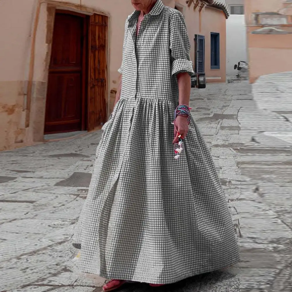 

Casual Maxi Dress Plaid Print A-line Maxi Dress Stylish Soft Casual for Women's Fall Spring Wardrobe Women Plaid Print Dress