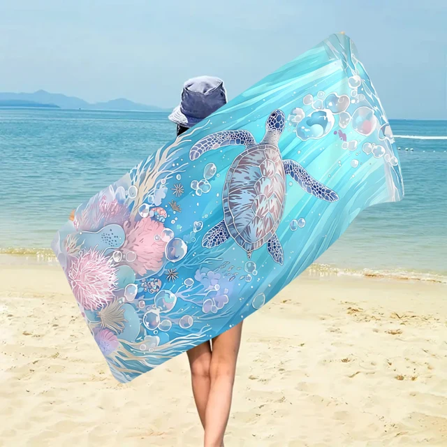 1pc ocean element large beach towel, sea turtle, starfish, shell printed quick drying absorbent beach towel 4