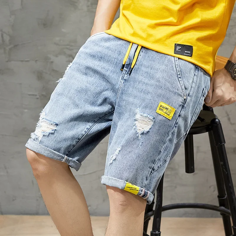 Men Jeans Summer Denim Shorts Men Trendy Ripped Elastic Waist Loose Fit Casual 5 Minute Length Middle Pants