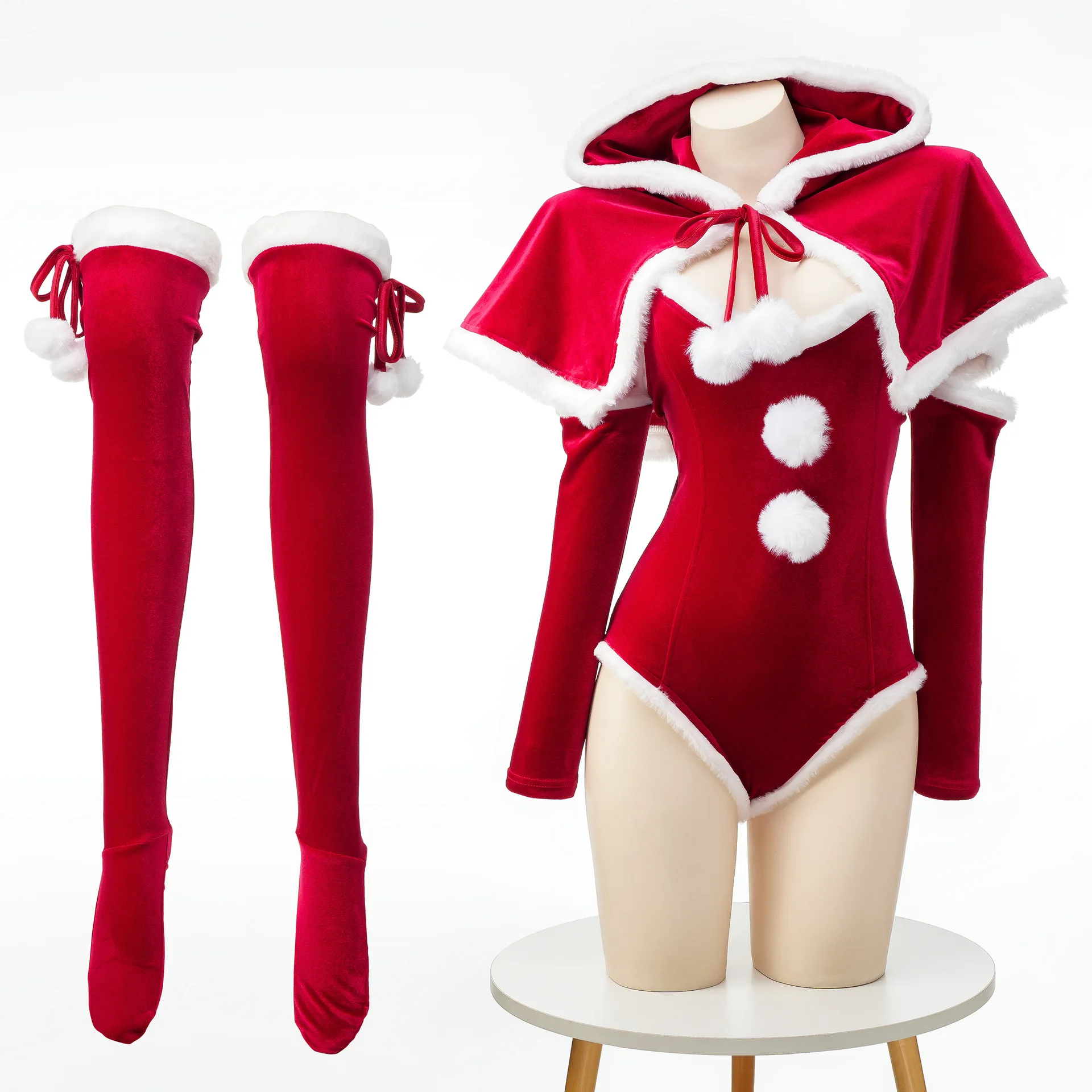 Christmas Bunny Girl Cosplay Costumes Women Sexy Bodysuit With Hooded Cloak stocking Santa Claus Uniform Christmas Nightdress