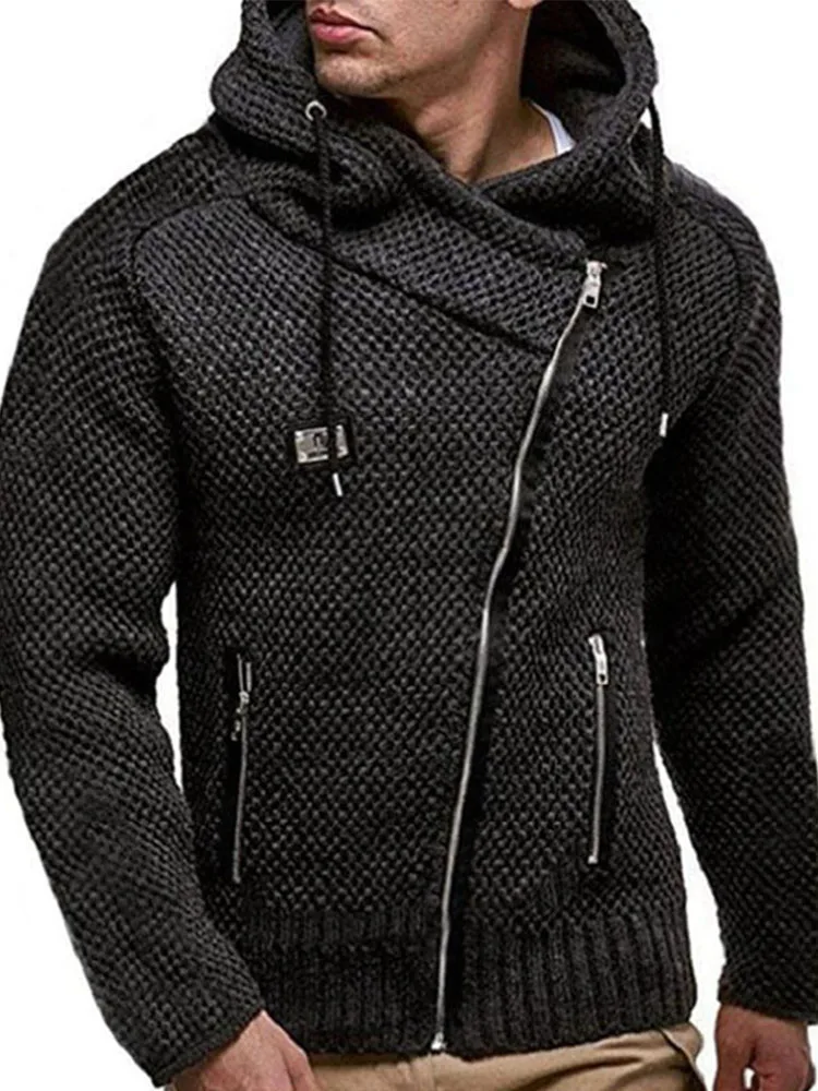

Men Fashionable Slim Fit Jacket with Diagonal Zipper and Long Sleeves, Thick Black Sweater