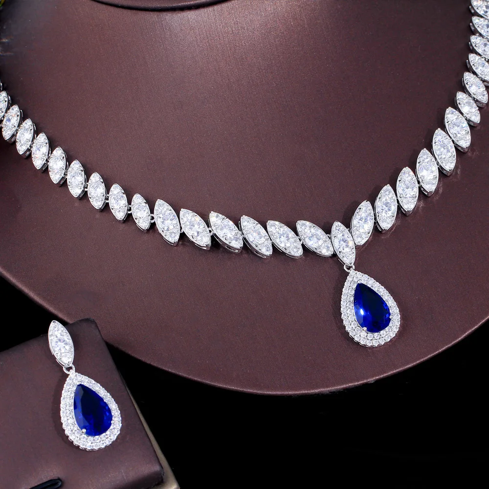 CWWZircons Water Drop Cubic Zirconia wedding necklace and earrings luxury CZ Crystal bridal jewelry sets for bridesmaids T109 bridal jewelry sets crystal jewelry sets