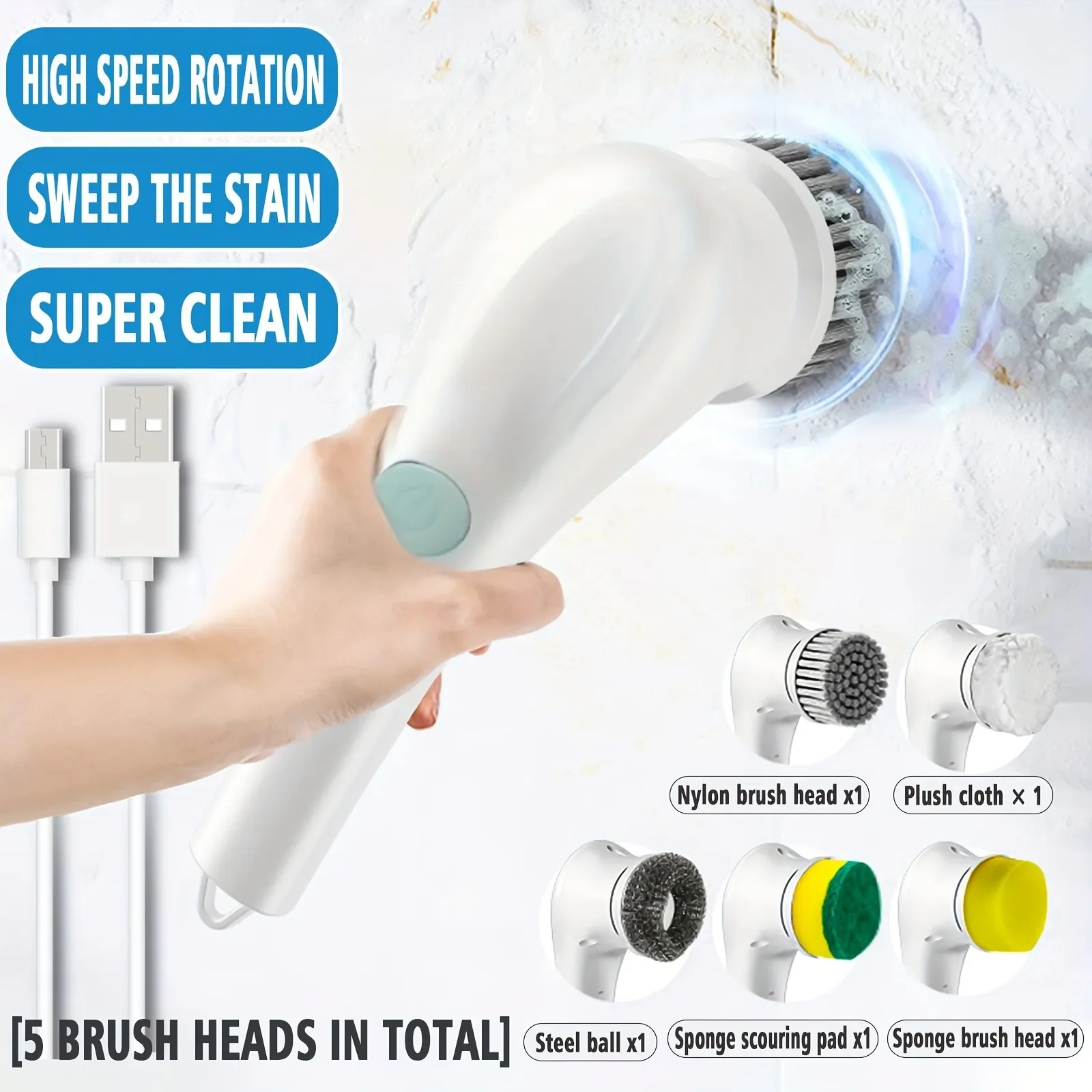 5-in-1Multifunctional Electric Cleaning Brush usb charging Bathroom Wash Brush Kitchen Cleaning Tool Dishwashing Brush kitchen cleaning brush straw dishwashing brush household pan brush kitchen artifact sink cleaning brush cup brush