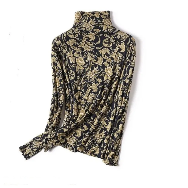 

Spring and Autumn Women's Solid Color Print Pullover High Neck Long Sleeve Loose Fit Bottom Shirt Fashion Casual Elegant Tops