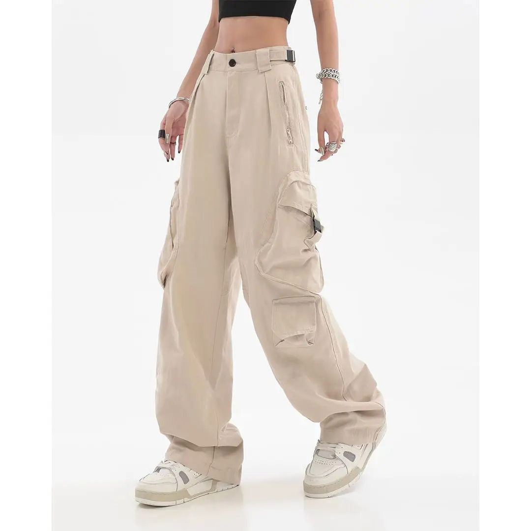 

Multi-pocket Street Hiphop Cargo Pants Womens Hip-hop Street Loose Trousers Casual Solid Color Straight Wide-leg Overalls