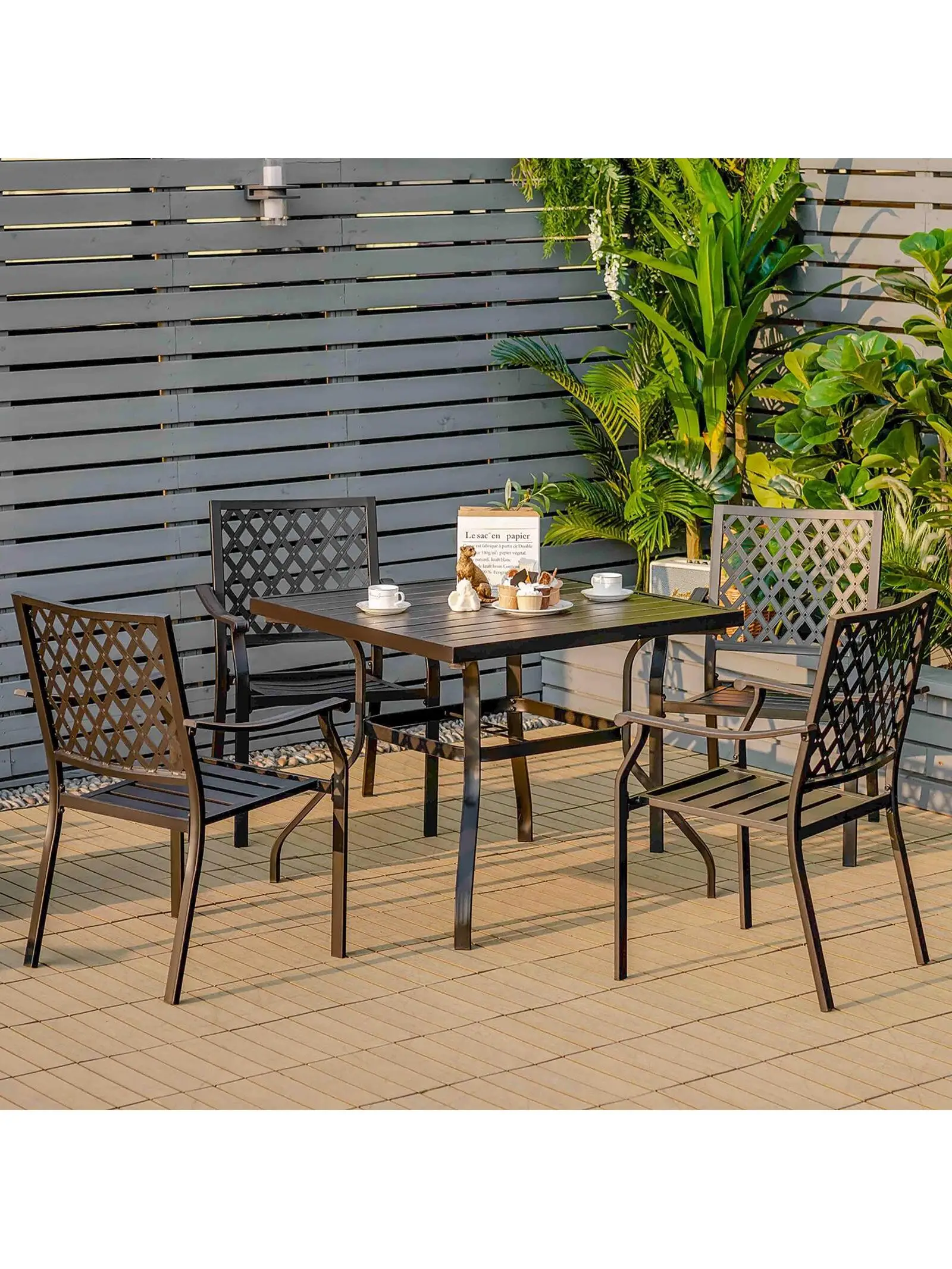 Set of 2 Patio Dining Chairs Stackable Metal Slat Armreset Garden Yard  outdoor patio furniture  patio furniture
