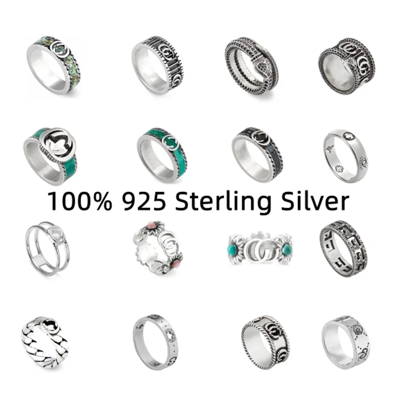 

Double letter ring, square retro striped ring with carved 925 silver couple fashionable and exquisite couple ring