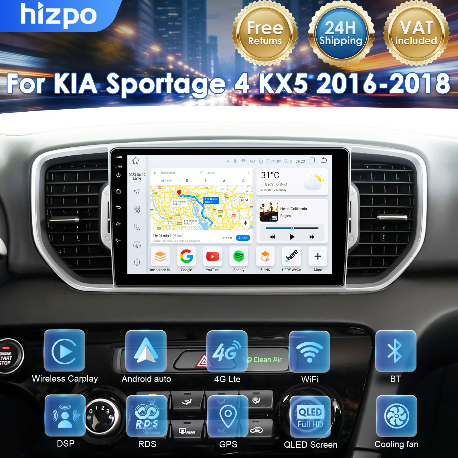 Radio Multimedia para Auto Hizpo con Android 14 para Kia Sportage 4 QL 2016 2017 2018, Carplay Inalámbrico, Android Auto, Estéreo, 4G Wifi, Sin 2DIN, Sin DVD 1