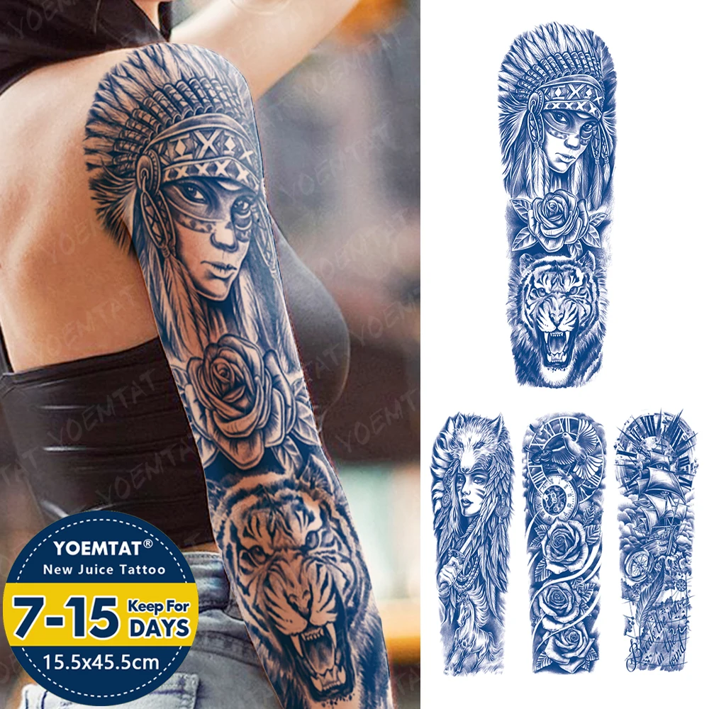 

Large Full Arm Sleeve Juice Ink Waterproof Temporary Tattoo Sticker Rose Tiger Maori Tribe Totem Fake Tattoos Body Art Women Men