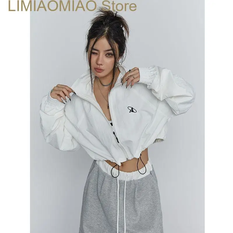 New Spring Solid Short Length Crop Tops Outerwear High Waist Street Coats Long Sleeve Casual Zipper Drawstring Jackets summer casual short tracksuits solid sleeveless tank crop tops drawstring mini shorts ribbed knit high elastic 2 pieces outfits