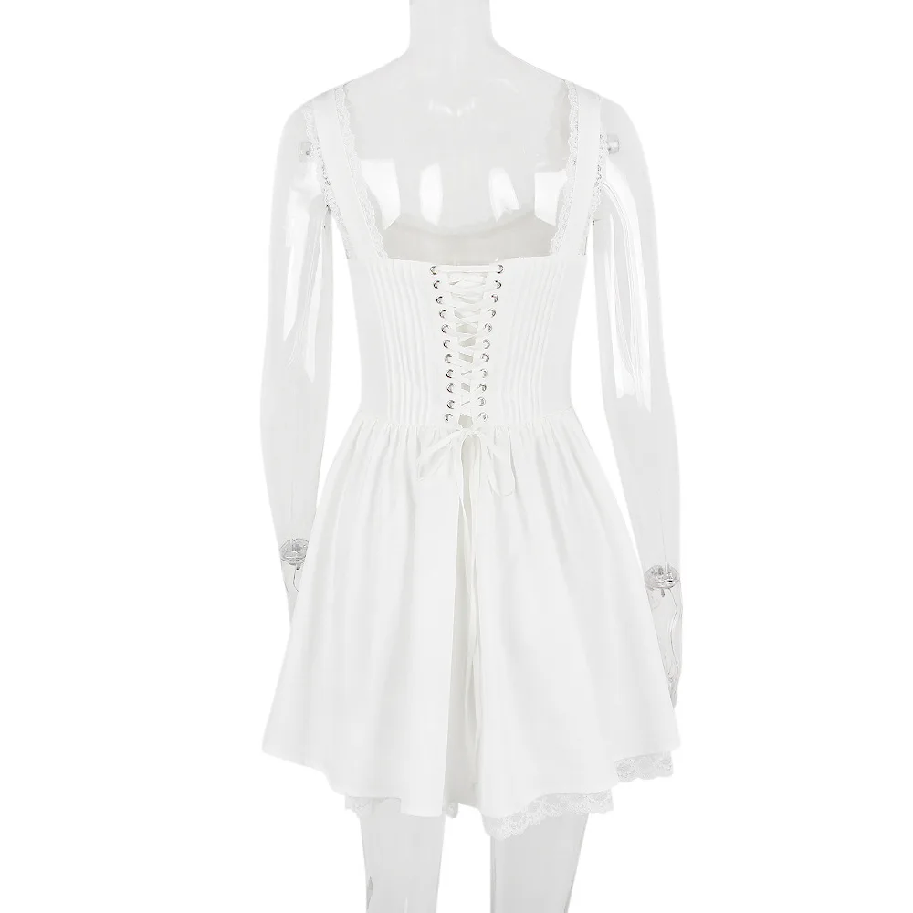 Elegant Fairy Grunge Lace Up White Corset Frill Mini Dress