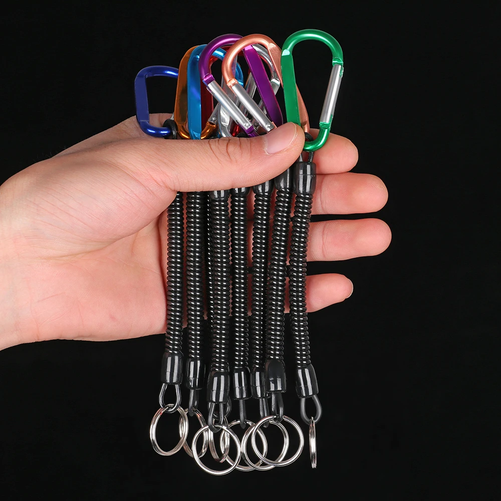 fishing lanyards 1PC Tactical Retractable Spring Elastic Rope Portable Fishing Lanyards Outdoor Hiking Camping Carabiner Anti-lost Phone Keychain