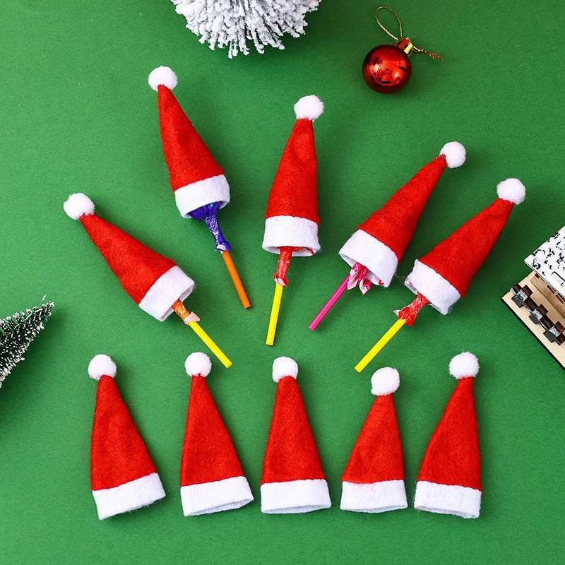 10Pcs Mini Santa Hat Non-Woven Fabric Lollipops Caps for Christmas Wine Bottle Covers Xmas Bottles Holder Table Dinner Decorations christmas beanie hat,christmas hat holder
