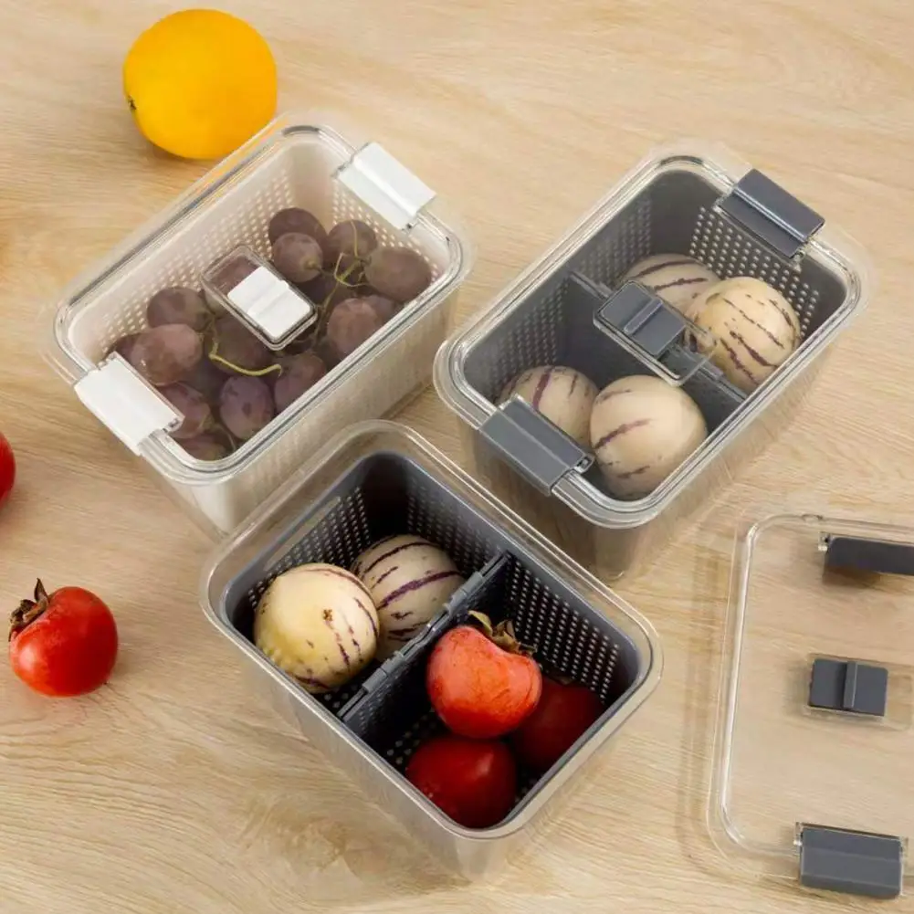 

Fridge Food Storage Box Double Layers With Colander Drainage Transparent Crisper Picnic Camping Vegetable Fruit Meat Container