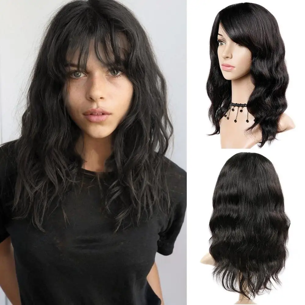 FAVE Natural Wave Wigs with Bangs Wig 100% Brazilian Remy Human Hair Wigs #1B/99J/#4 Color For Black White Women Fast Shipping