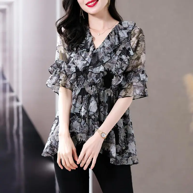 Vintage Printed Ruffles Floral Butterfly Sleeve Chiffon Blouse Women Clothing Summer New Oversized Casual Tops Commuter Shirt