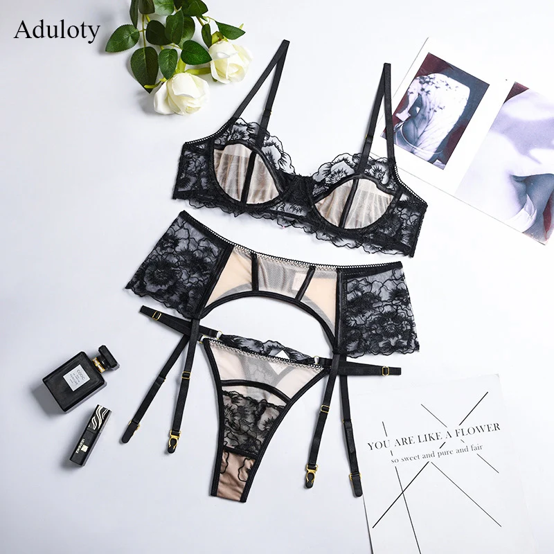 

Aduloty Hot Selling Net Gauze Eyelashes Fashion Sexy Lingerie Underwear Transparent Perspectiveh Garter Thong Gathered Bra 3pcs