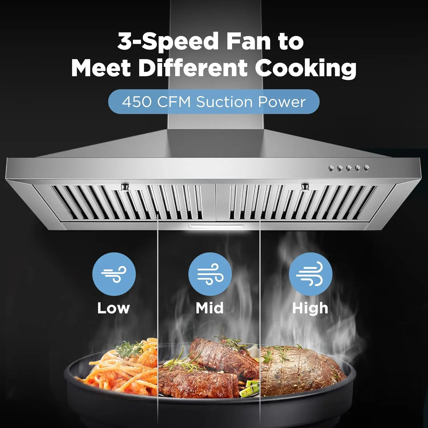 24 Inch Range Hood, Wall Mount Vent Hood in Stainless Steel with Ducted/Ductless Convertible Duct, 3 Speed Exhaust Fan, Energy