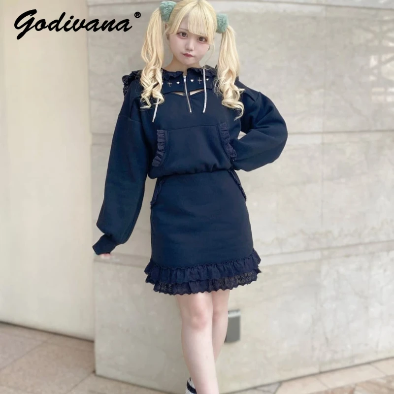 

Japanese Women's Sailor Collar Rhinestone Long Sleeve Fake Two Piece Fleece Hoodie Dress Girls Sweet Lolita Ruffles Short Dress