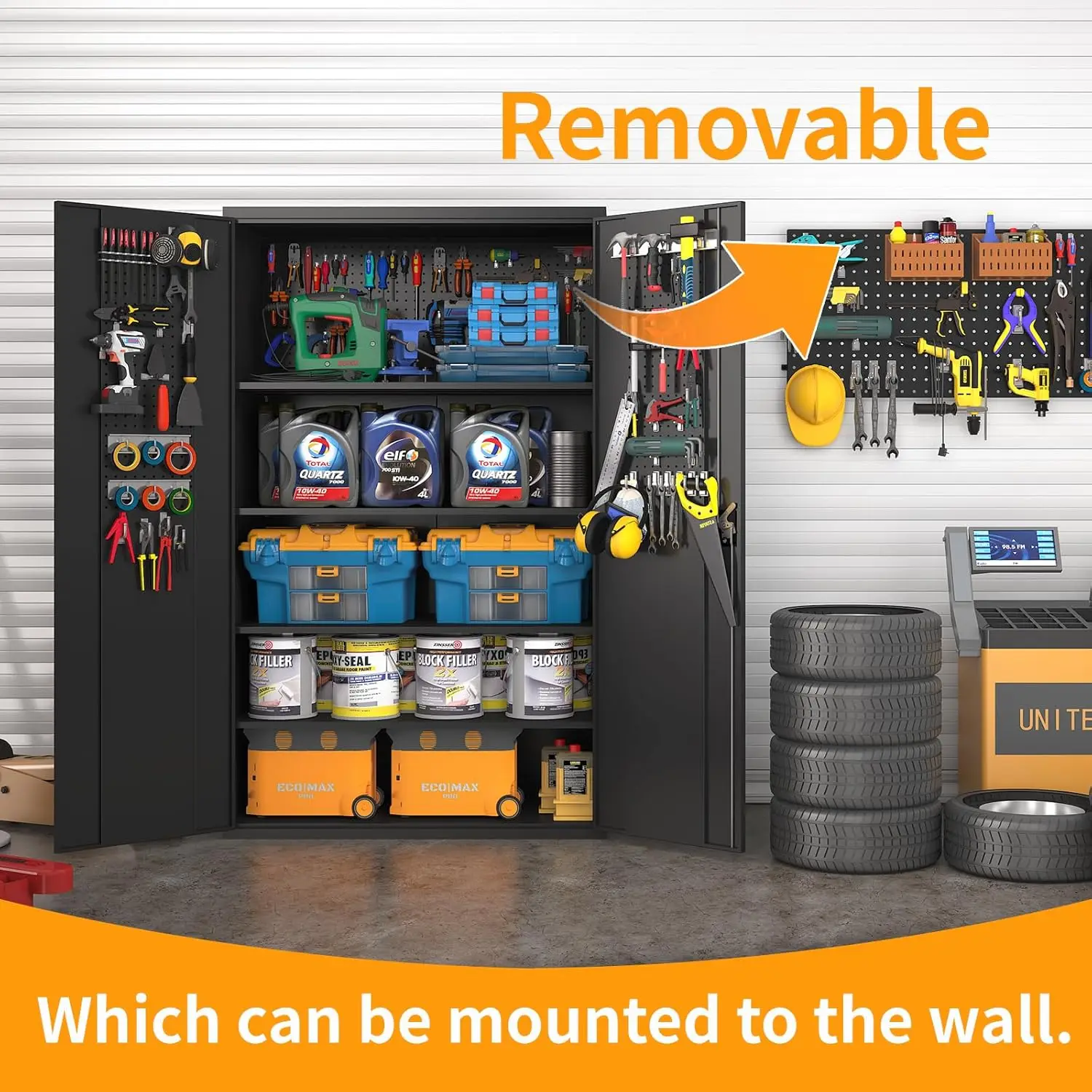 Upgraded high and wide metal storage cabinet with doors and 4 adjustable shelves, equipped with wheels and nail boards 6