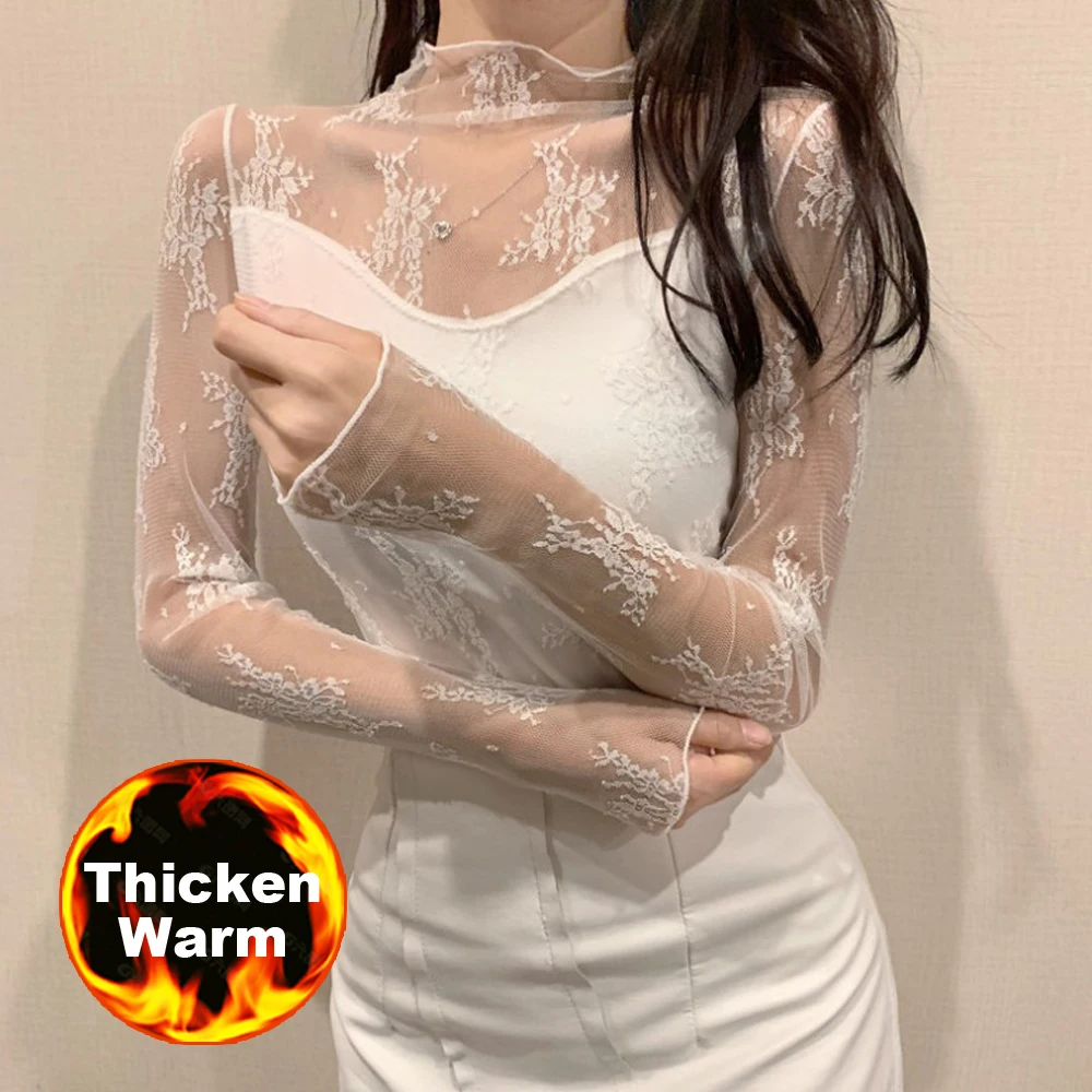 

New Thicken Warm Transparent Korean Loose Women Lace Blouse 4 Colors Female Bottoming Blouses S-2XL Cheaper Tops Kawaii T Shirt