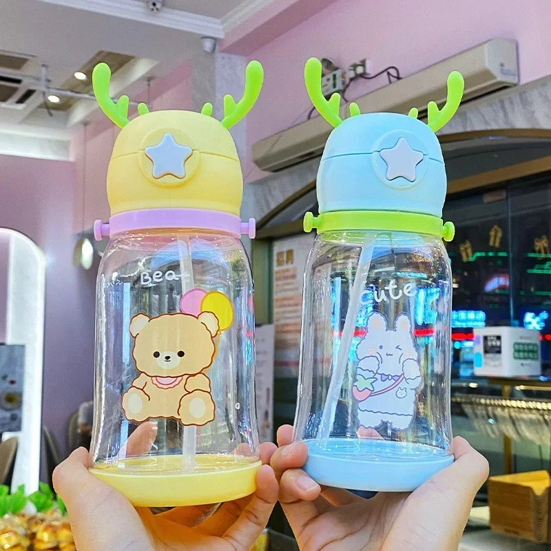 Cartoon Cute Children's Water Bottle Portable Straw Cup Large Capacity Anti Drop Student Bounce Cover Plastic Water Cup Summer