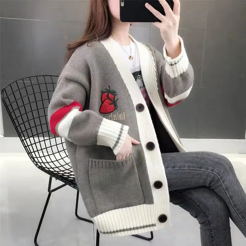 여성 루즈한 망사 레드 니트 가디건 코트, 한국 에디션 아우터, 느긋하고 패셔너블한 스웨터, 2023 가을 겨울 신상