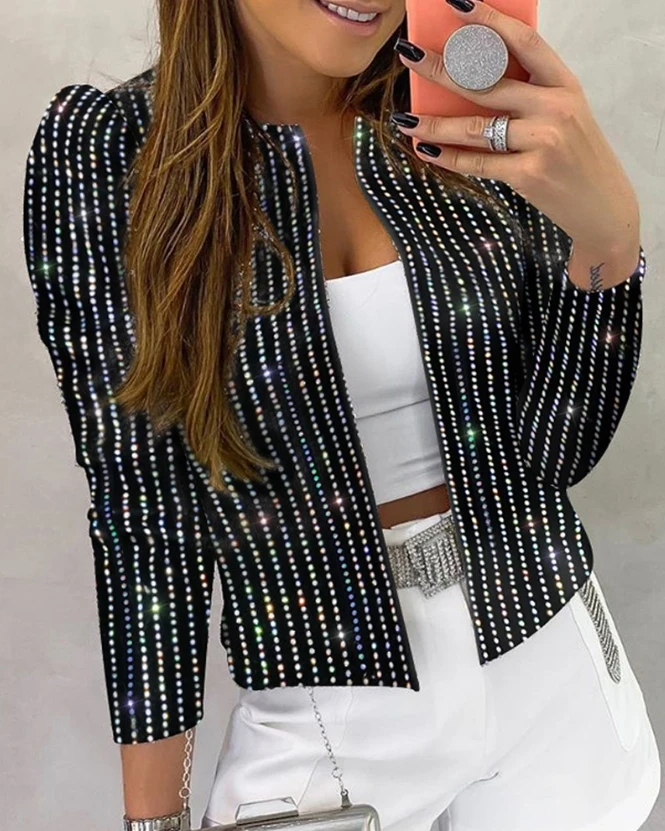 Women's Jackets Casual 2023 Autumn Studded Striped Long Sleeve Round Neck Coat Mujer Fashion Y2K Streetwear Outerwear Cardigan