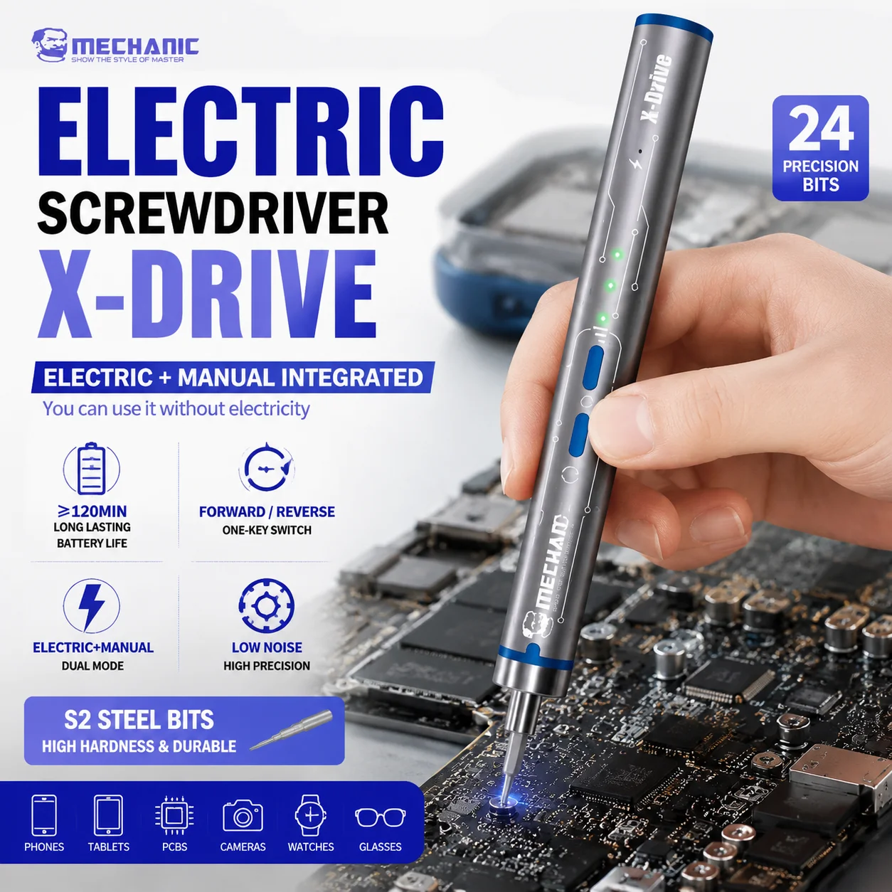 Precision Electric Screwdriver with 24 S2 Bits for Electronics and Repair Tools