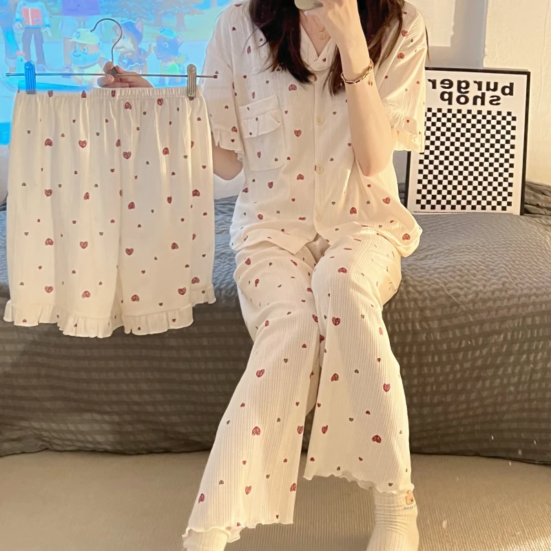 Fresh girl 3-piece set spring and summer pajamas women's small fresh cardigan lapel sweet short-sleeved trousers home service