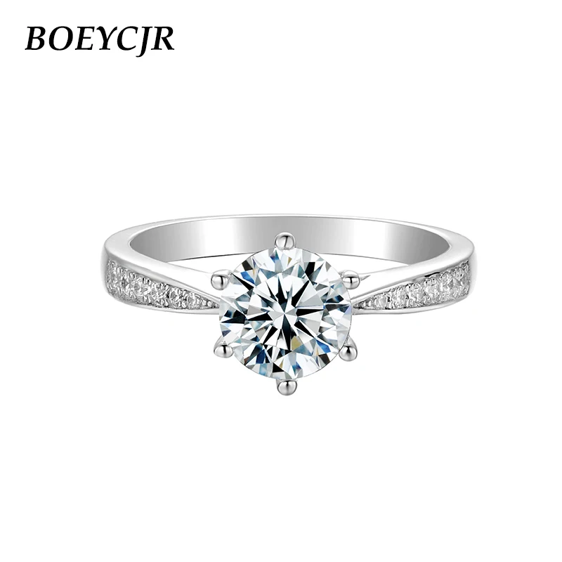 

BOEYCJR 925 Silver 1ct D Color Moissanite VVS1 Elegant 6 Claws Engagement Ring For Women