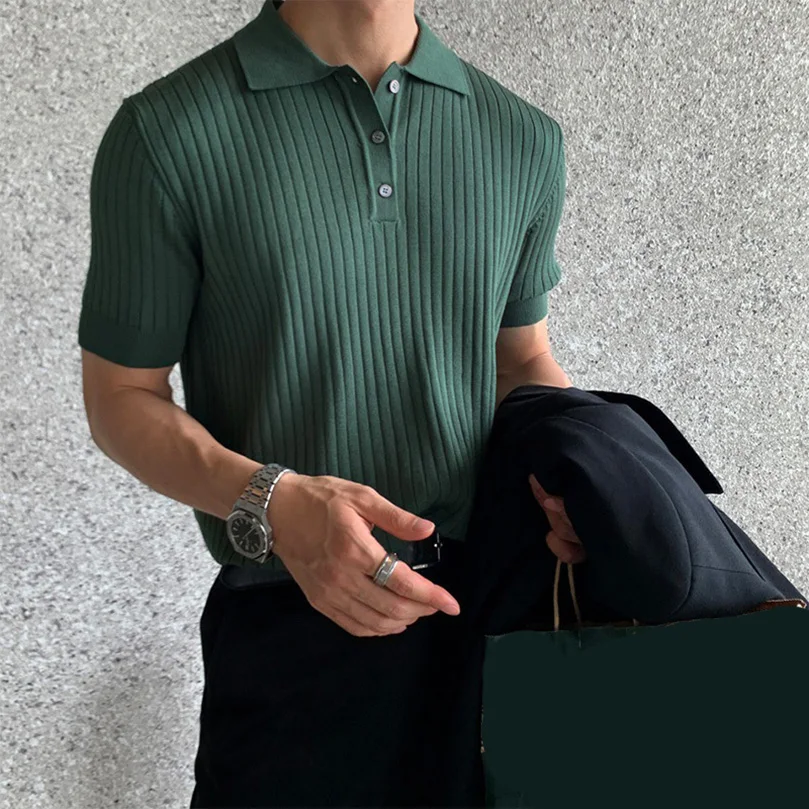 

Рубашка-поло мужская оверсайз тонкая, однотонная трикотажная Элегантная кофта с короткими рукавами, с отложным воротником, Повседневная Деловая одежда, лето