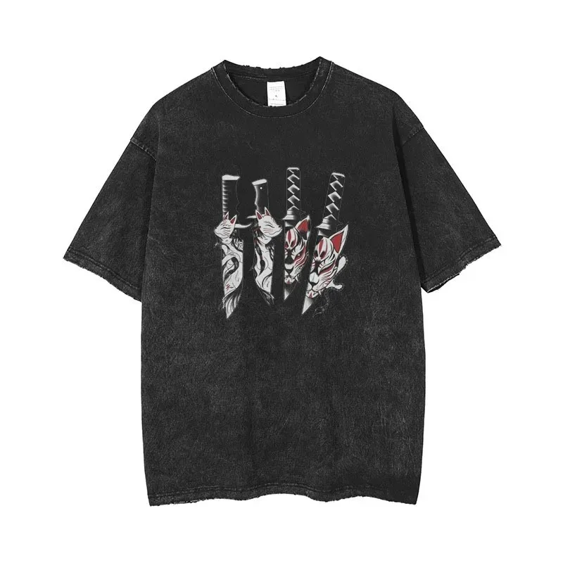 

Anime Print Retro Washed Short Sleeved Loose Large Size Sports Fitness Pullover for Men and Women Summer