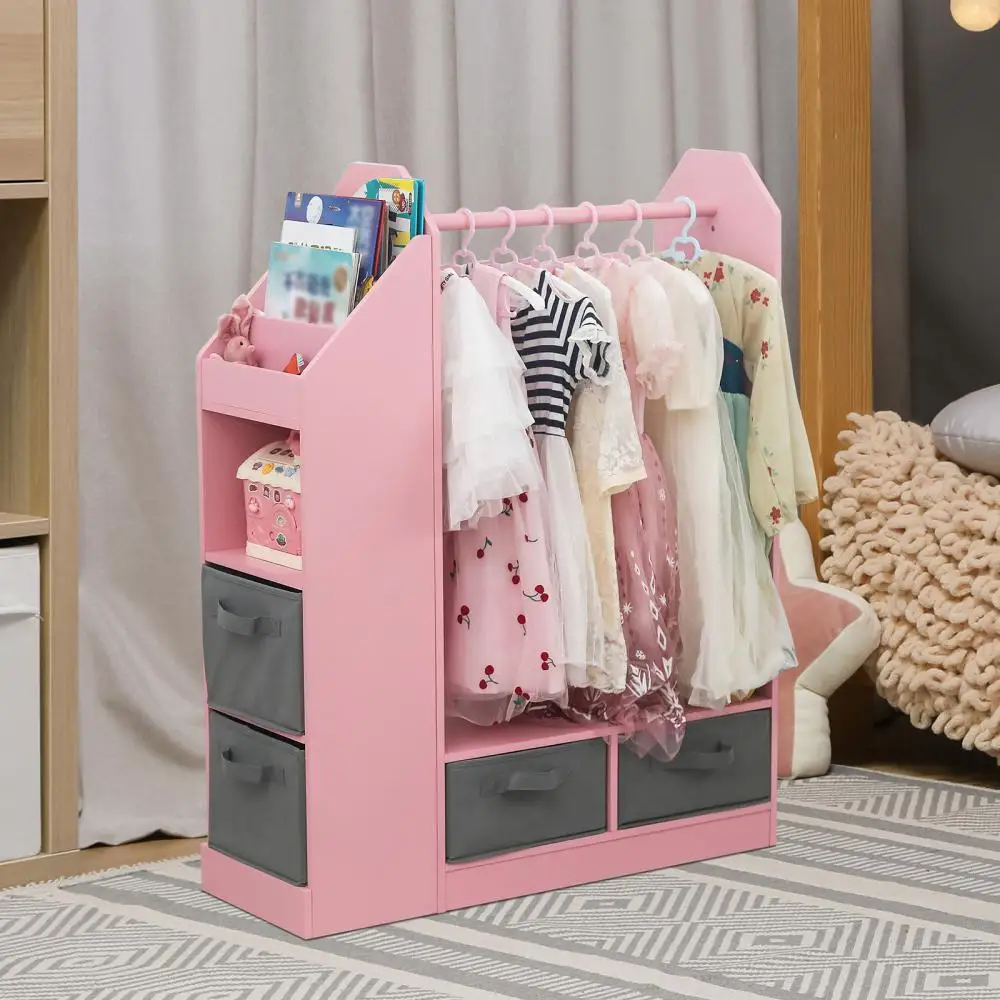 Children's Wardrobes Open Hanging Armoire Closet With Mirror Simple Kids Costume Organizer Clothes Cabinets Bedroom Furniture 2