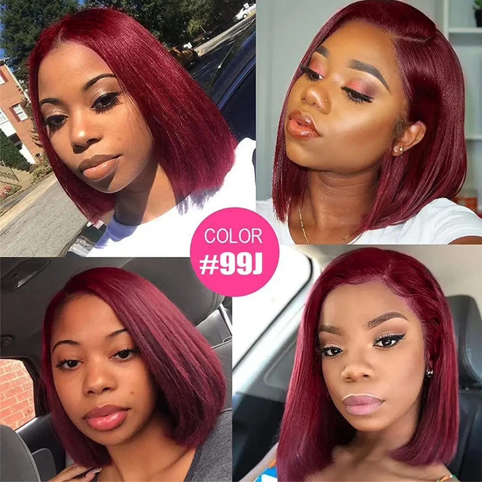 99J Burgundy Straight Bob Wigs Wear and Go Glueless Wigs 13x4 Lace Front Human Hair Pre Cut No Glue For Women Red Colored human hair wig