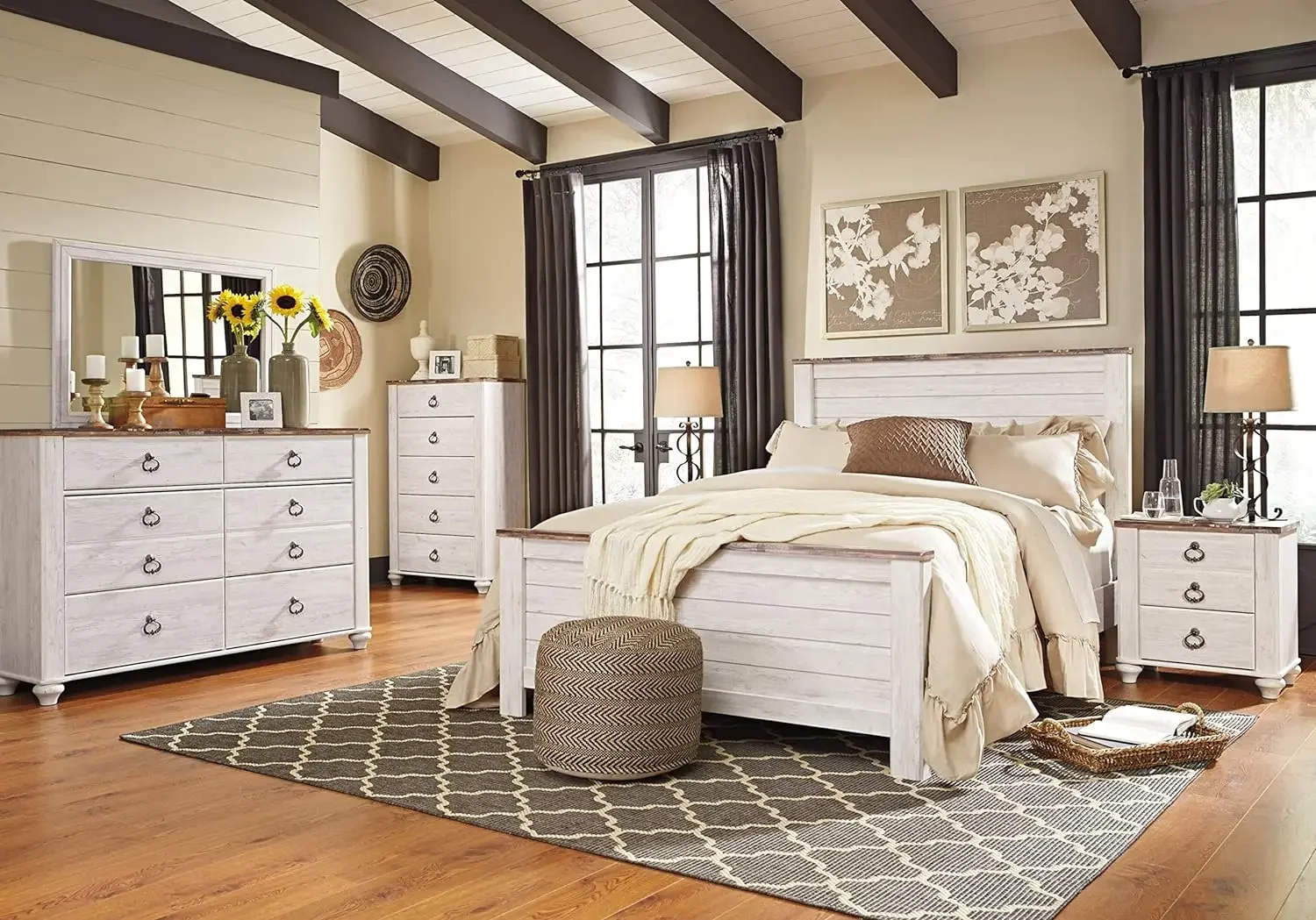 Signature Design by Ashley Willowton Farmhouse 2 Drawer Nightstand with USB Charging Ports, Whitewash 4
