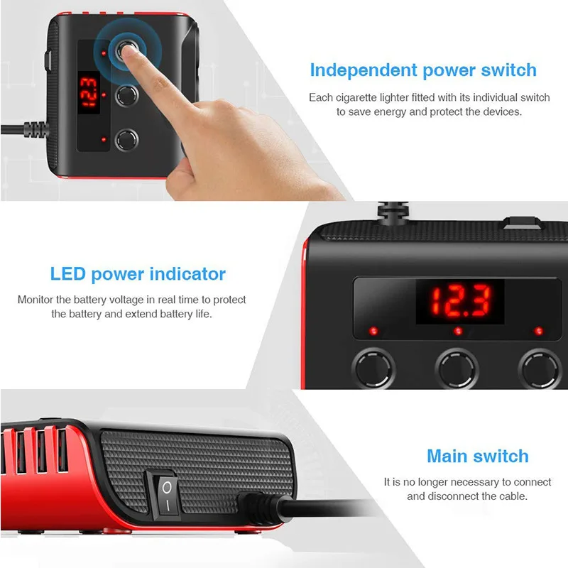 Powstation Cigarette Lighter socket splitter Charger 120W 4 USB Port Car Charger USB Charger Type C Port Car Socket Splitter