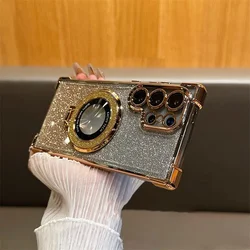 Magsafe Glitter Bracket Case with Stand Holder and Gradient Plating Bling Cover for Samsung S22 Plus (GoldSF)