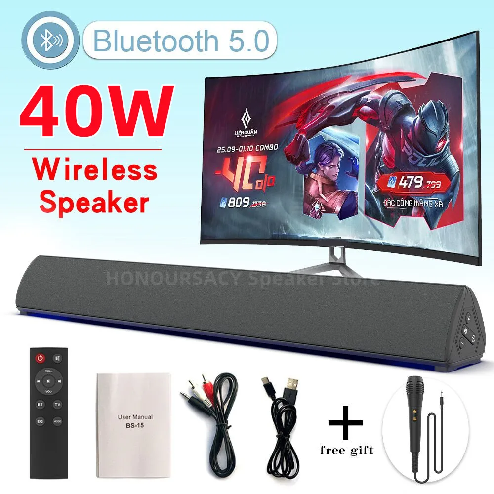 

40W Wireless TV Soundbar with Microphone Support Bluetooth 5.0 USB Home Audio 3D Subwoofer Surround Soundbar for PC TV Speakers